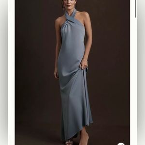 BHLDN Ruby Twist Halter Satin Gown in Dusty Blue